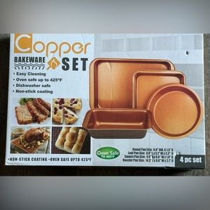 4 Pc Copper Bakeware Set - Dishwasher Safe Round-Loaf-Square-Roaster Pan - NEW